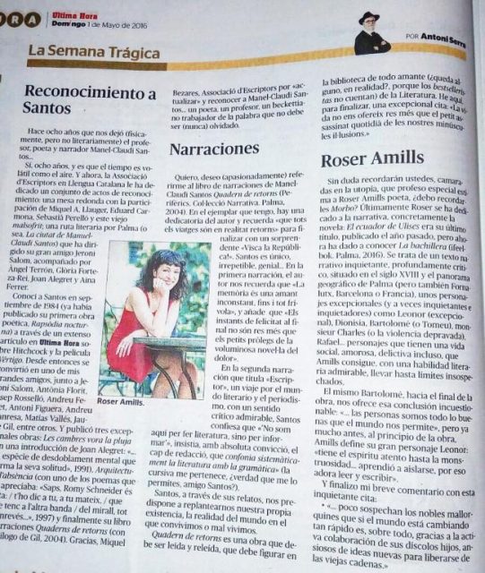 Antoni Serra reseña la novela de roser amills en el diario ultima hora