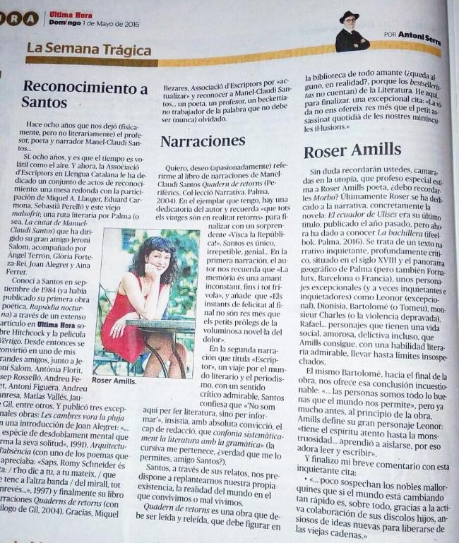 Antoni Serra reseña la novela de roser amills en el diario ultima hora