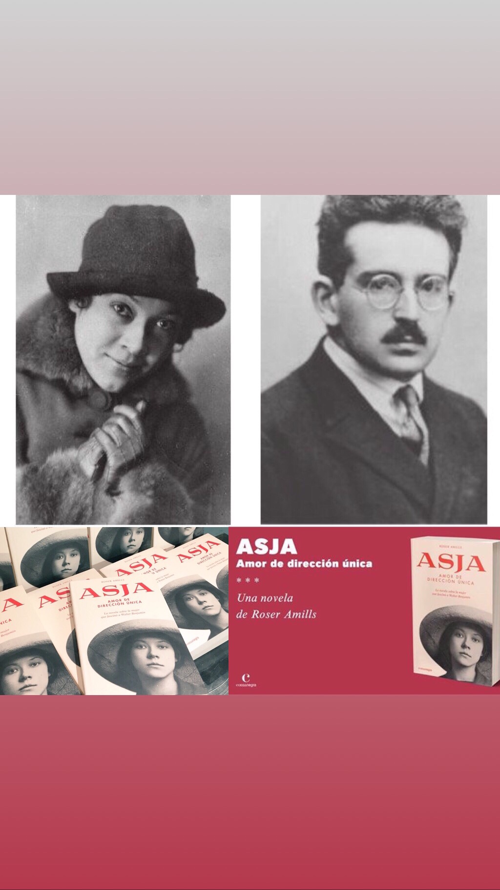 Retratos de Asja Lacis y Walter Benjamin sobre ejemplares de la novela «Asja» de Roser Amills