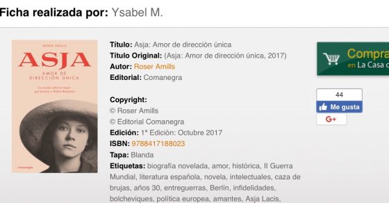 Ficha de la novela de Roser Amills sobre Asja Lacis