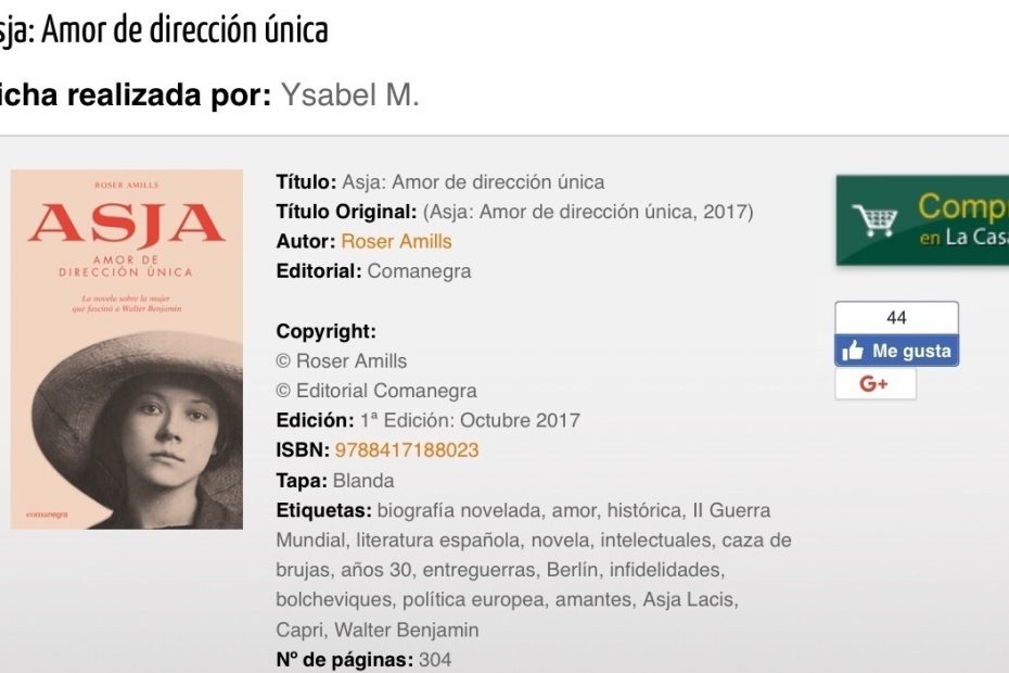 Ficha de la novela de Roser Amills sobre Asja Lacis