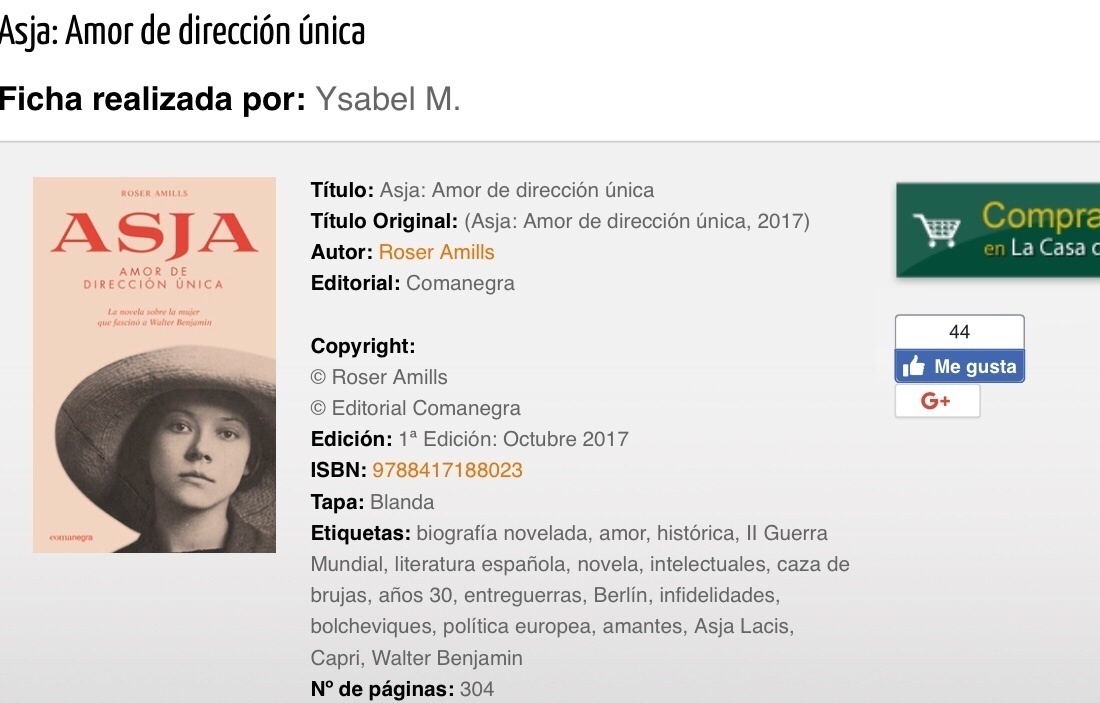 Ficha de la novela de Roser Amills sobre Asja Lacis