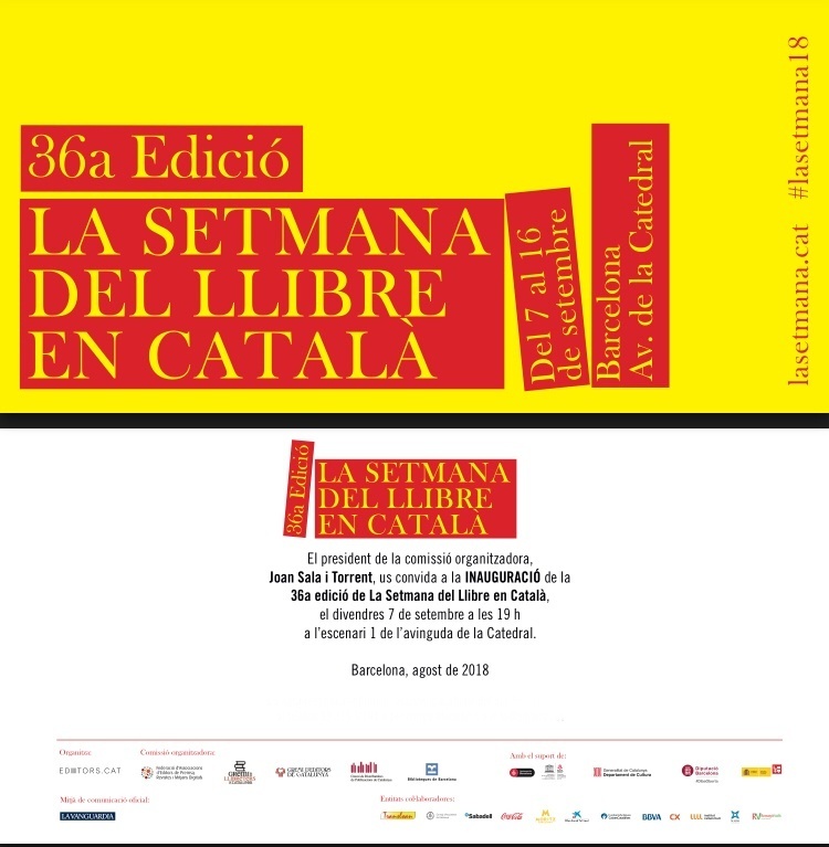 Cartell i invitació a la inauguració de la 36a Setmana del Llibre en Català, del 7 al 16 de setembre de 2018 a l'avinguda de la Catedral de Barcelona