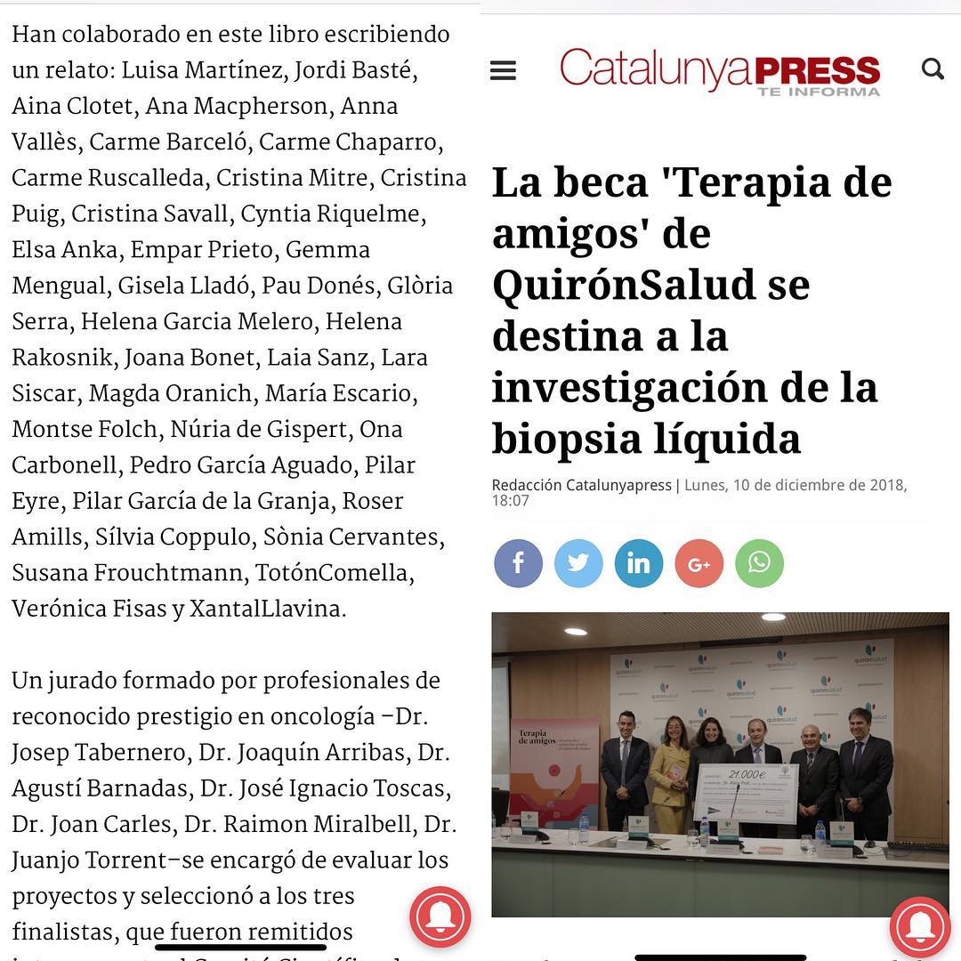 Para Roser Amills es un honor formar parte de este libro y haber contribuido, aunque sea con un pequeño gesto, a que Teràpia d’Amics ayude a mejorar la salud de tantas personas. Agradecimiento a Belén Marrón, Carme Barceló, El Corte Inglés, Jordi Romañach, Quirónsalud y Catalunya Press.