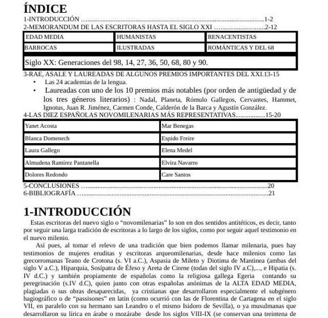 Primera página del trabajo «Escritoras novomilenarias o de las Nocilla. Eruditas del XXI», de Jesús V. Magdalena Carreres, con el índice
