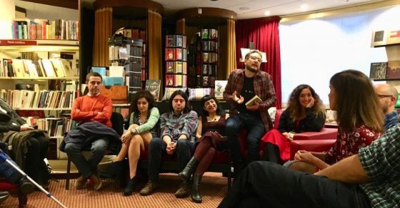 Llibreria Nollegiu, hablamos y celebramos la presentacion de Barcelona–Buenos Aires, con Trampa Ediciones y los autores y participantes: Roser Amills, Diego Gandara, Graziella More, Jebluss, Tatiana Goransky, Victor Nieto y Matias Nespolo