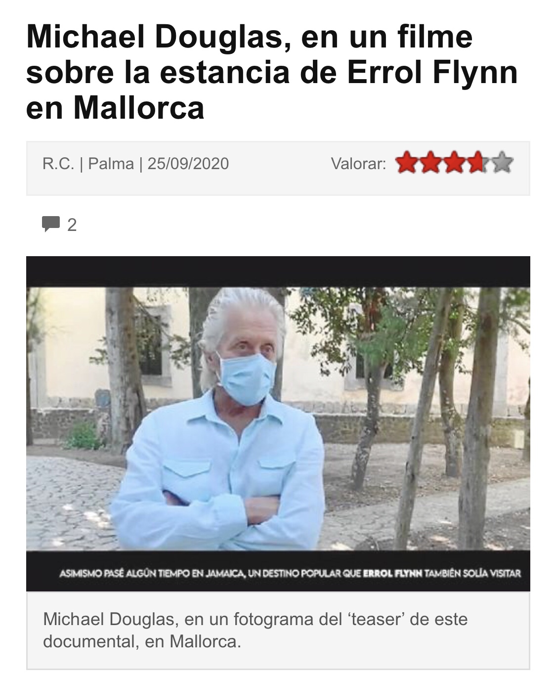 Recorte de Última Hora sobre Michael Douglas en el documental de Tirso Calero y Roser Amills sobre Errol Flynn en Mallorca