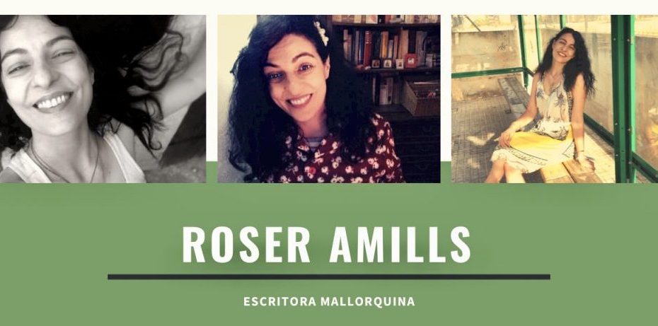 Cabecera con tres fotos de Roser Amills y su nombre sobre fondo verde