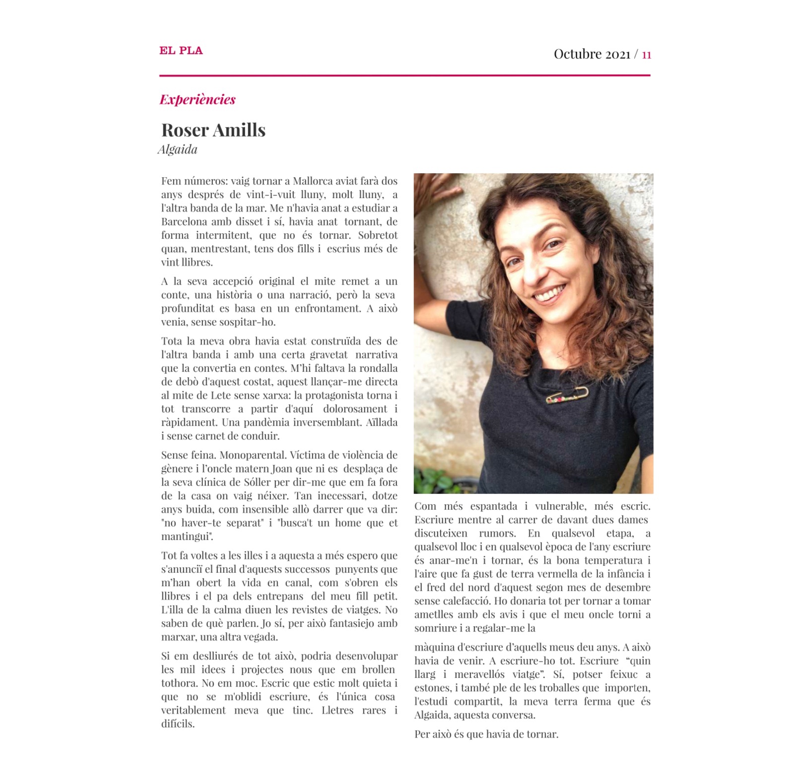 Roser Amills a la revista El Pla (desembre de 2021): «Experiències», relat des d’Algaida