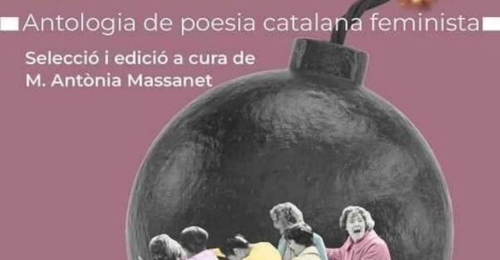 Detall de la portada de «Flamarades sortiran. Antologia de poesia catalana feminista», amb una bomba i un grup de dones al seu interior