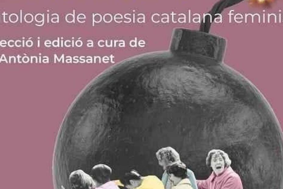 Detall de la portada de «Flamarades sortiran. Antologia de poesia catalana feminista», amb una bomba i un grup de dones al seu interior