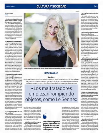Diario de Mallorca, entrevista a Roser Amills: «Los maltratadores empiezan rompiendo objetos, como Gabriel Le Senne»