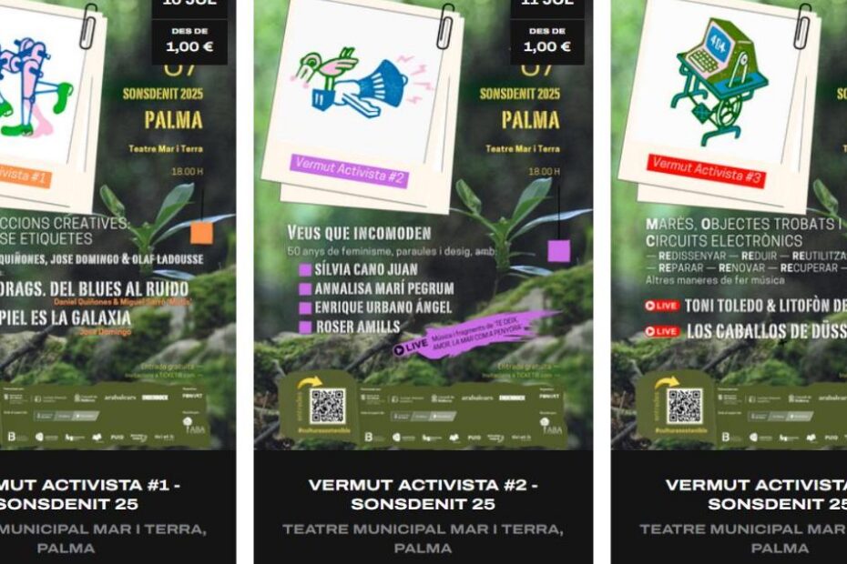 Tres cartells dels Vermuts Activistes del festival SonsDeNit 2025 al Teatre Mar i Terra de Palma; el segon, «Veus que incomoden», inclou Roser Amills