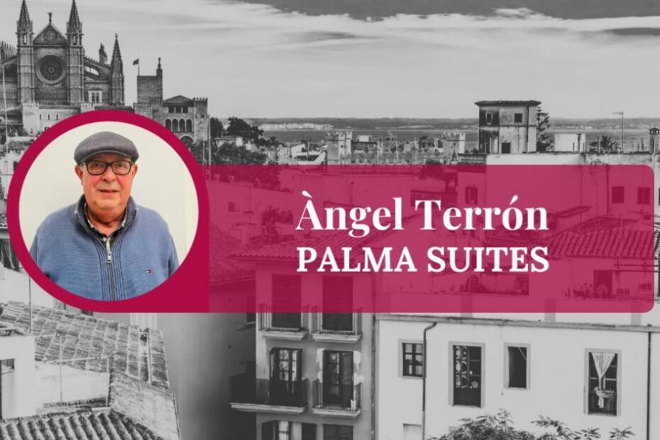 Capçalera de la columna «Palma Suites» d'Àngel Terrón a dBalears, amb el seu retrat sobre les teulades de Palma en blanc i negre i la catedral al fons