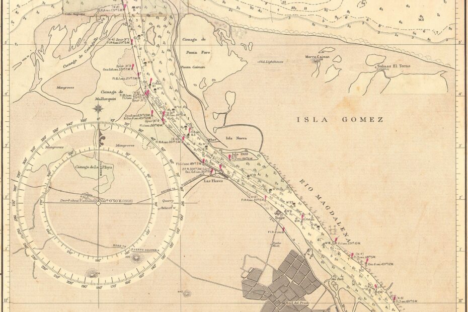 Carta náutica en tonos sepia de la desembocadura del río Magdalena, con la isla Gómez y la trama urbana de Barranquilla junto al río