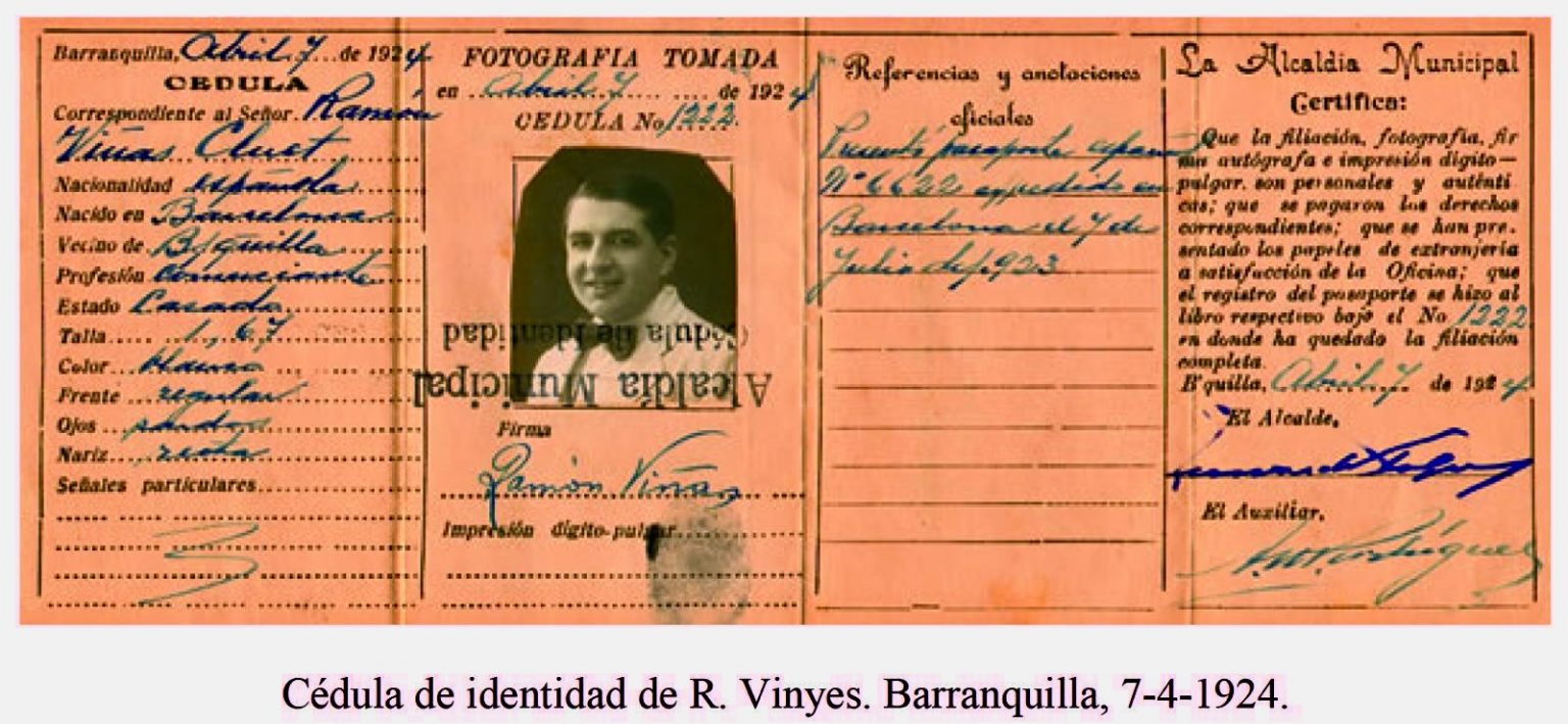 Cédula de identidad de Ramon Vinyes expedida en Barranquilla