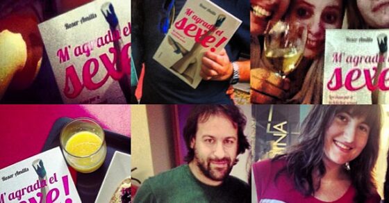 Collage de seis lectores y lectoras posando con el libro M'agrada el sexe de Roser Amills