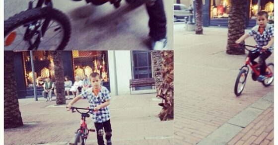 Collage de cuatro fotos de un niño en bicicleta roja por una calle con palmeras