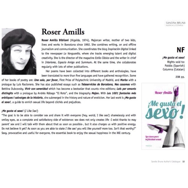 Página del catálogo de autores de la agencia Sandra Bruna con la ficha de Roser Amills y la portada de ¡Me gusta el sexo!