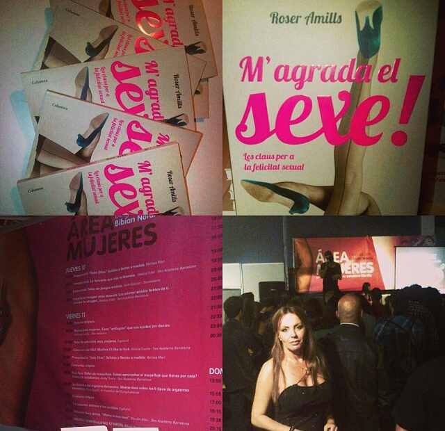 Collage del stand de Roser Amills en el Salón Erótico de Barcelona: ejemplares de M'agrada el sexe, programa del Área Mujeres y una mujer ante el escenario