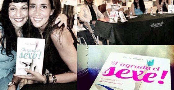 Roser Amills con una lectora, el libro M'agrada el sexe! y una mesa de presentación en la librería +Bernat