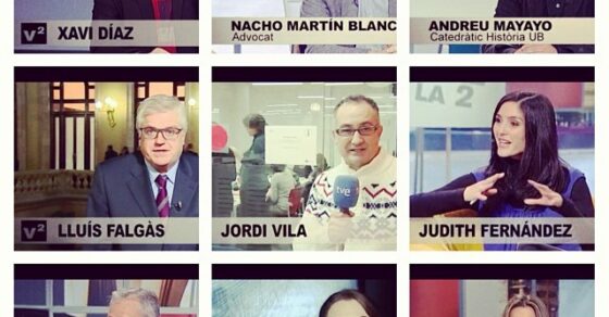 Mosaico de nueve pantallazos de Vespre a La 2 con los rótulos de Xavi Díaz, Nacho Martín Blanco, Andreu Mayayo, Lluís Falgàs, Jordi Vila, Judith Fernández, Carles Bassolas, Meritxell Martínez y Montse Busquets
