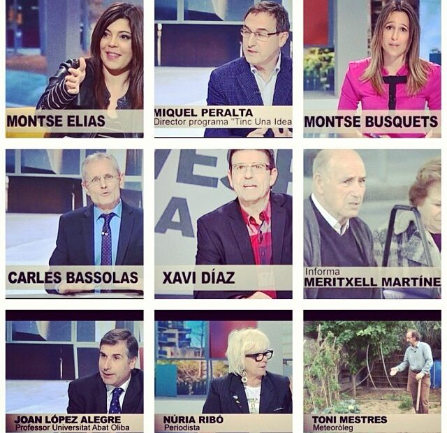 Mosaico de nueve pantallazos de Vespre a La 2 con los rótulos de Montse Elías, Miquel Peralta, Carles Bassolas, Xavi Díaz, Joan López Alegre, Núria Ribó y Toni Mestres
