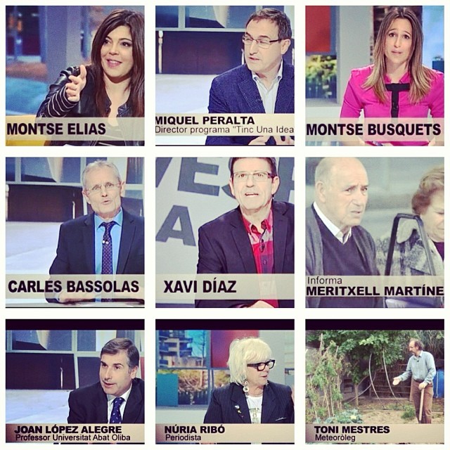 Mosaic de rètols de Vespre a La 2: Montse Elías, Miquel Peralta, Carles Bassolas, Xavi Díaz, Joan López Alegre, Núria Ribo i Toni Mestres