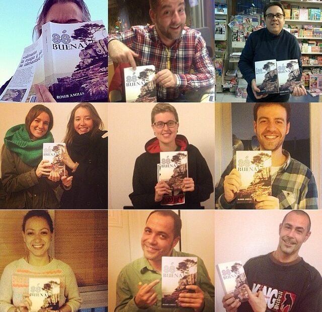 Mosaico de nueve fotos de lectores y lectoras sosteniendo ejemplares de Sé buena
