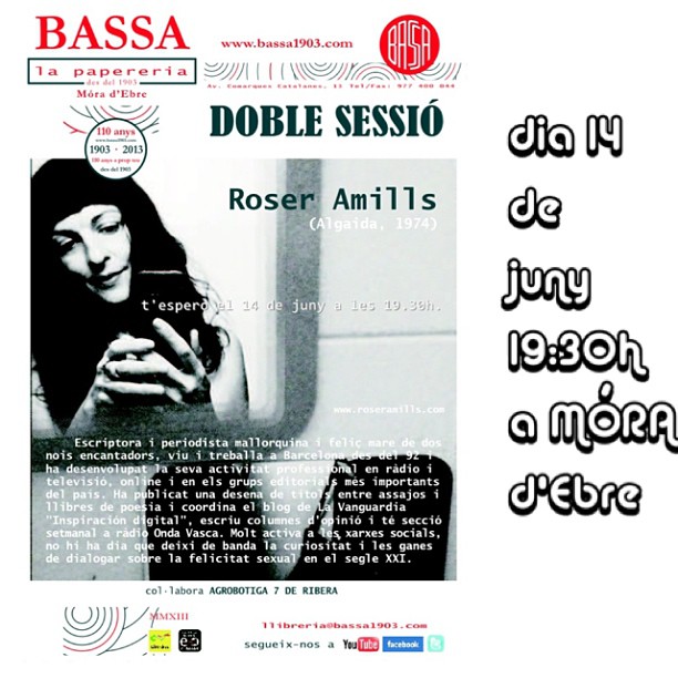 Cartel de la doble sesión de Roser Amills en la Papereria Bassa de Móra d'Ebre el 14 de junio
