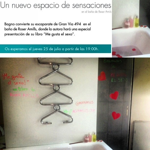 Invitación de Tonobagno junto al baño personalizado con mensajes en la pared, Gran Vía 494