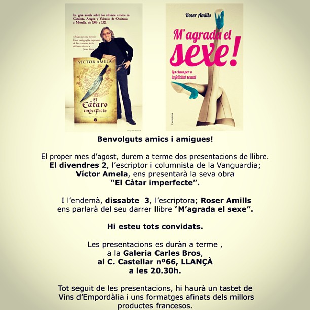 Cartel de las presentaciones de El Càtar imperfecte y M'agrada el sexe! en la Galeria Carles Bros de Llançà