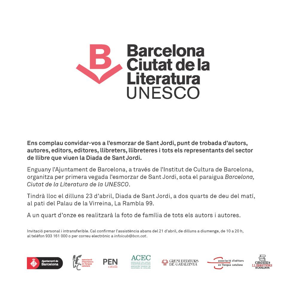 Invitación oficial al esmorzar de Sant Jordi de Barcelona Ciutat de la Literatura UNESCO: lunes 23 de abril de 2018, 9.30 h, patio del Palau de la Virreina, La Rambla 99