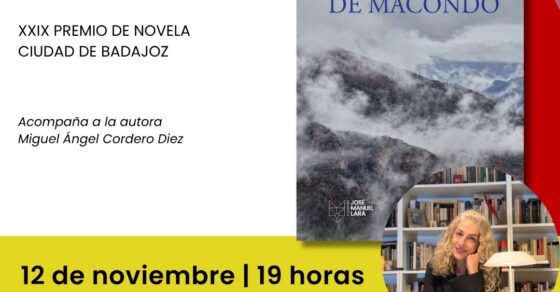 Cartel de la presentación de «El librero de Macondo», de Roser Amills, en la Biblioteca Pública de Salamanca: 12 de noviembre de 2026, 19 h, C/ Compañía, 2; acompaña a la autora Miguel Ángel Cordero Diez; entrada libre hasta completar aforo.