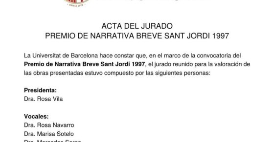 Acta del jurado del Premio de Narrativa Breve Sant Jordi 1997 de la Universitat de Barcelona