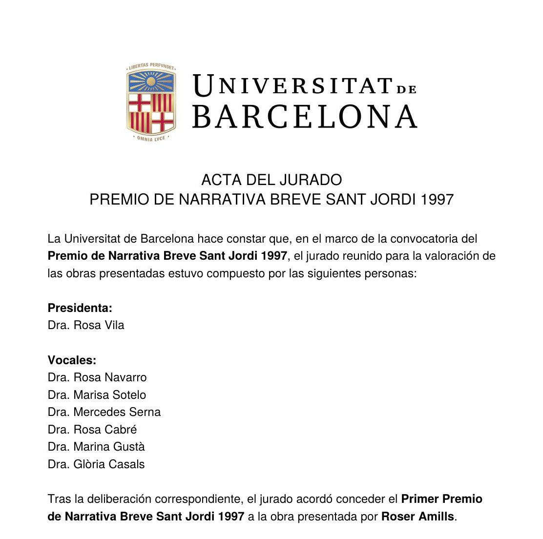 Acta del jurado del Premio de Narrativa Breve Sant Jordi 1997 de la Universitat de Barcelona
