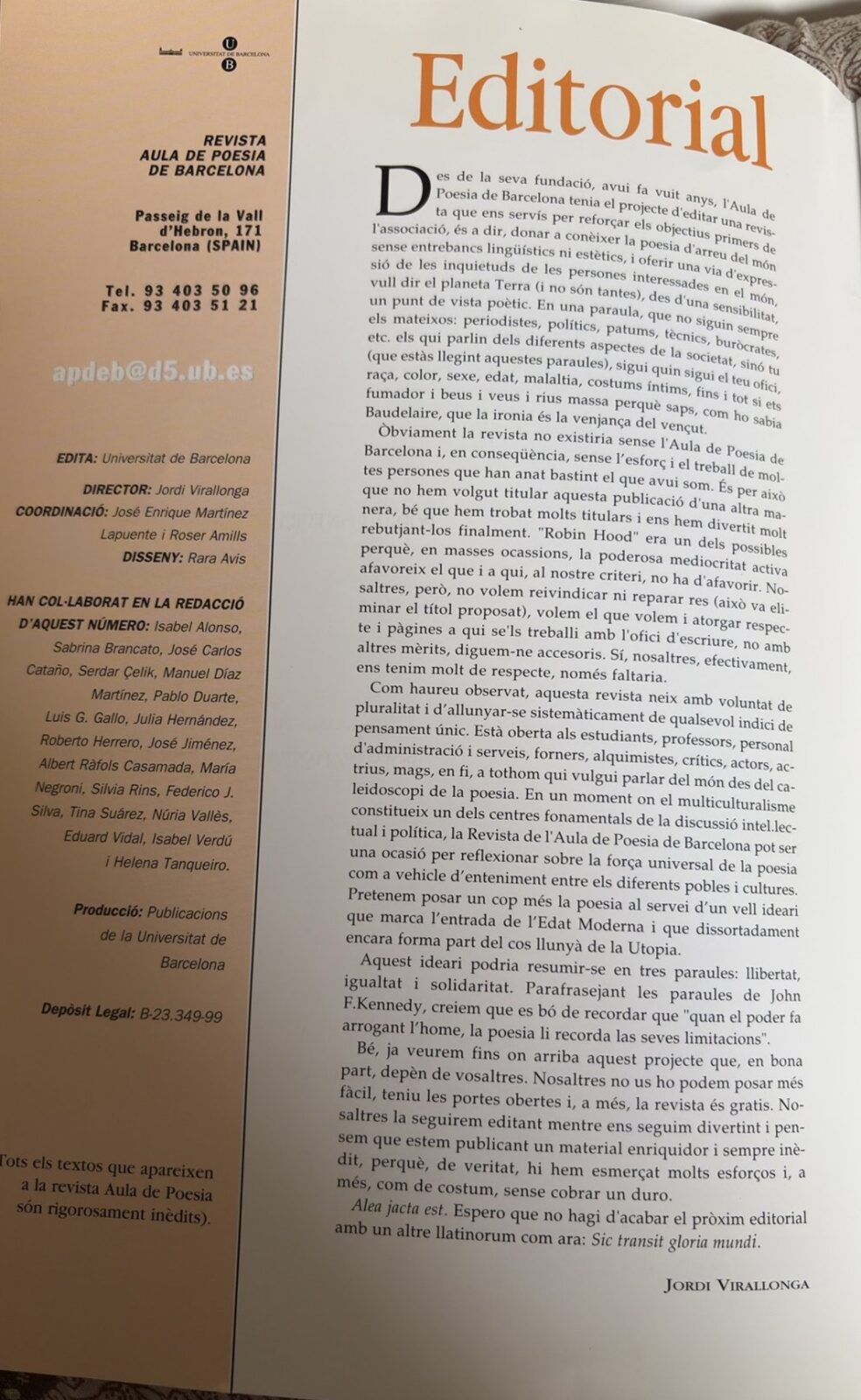Página de créditos y editorial de Aula de Poesía de Barcelona n.º 0, donde Roser Amills figura en la coordinación
