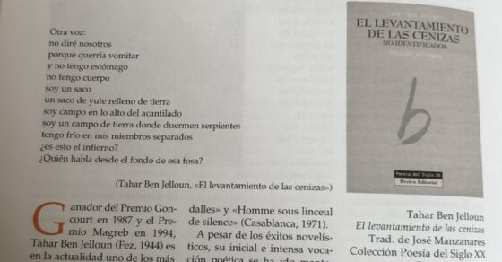 Página 30 de Aula de Poesía n.º 0 con el artículo «Tahar ben Jelloun», de Roser Amills, y la portada de «El levantamiento de las cenizas»