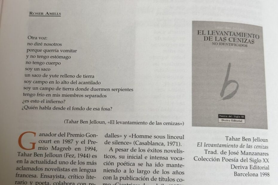 Página 30 de Aula de Poesía n.º 0 con el artículo «Tahar ben Jelloun», de Roser Amills, y la portada de «El levantamiento de las cenizas»