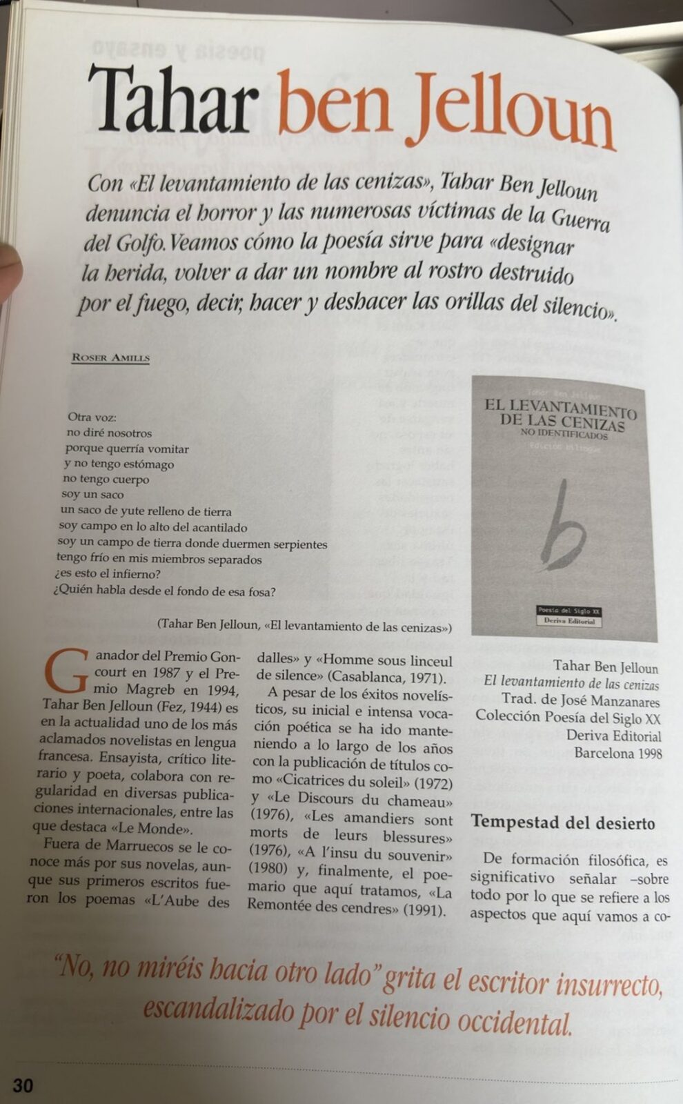 Página 30 de Aula de Poesía n.º 0 con el artículo «Tahar ben Jelloun», de Roser Amills, y la portada de «El levantamiento de las cenizas»