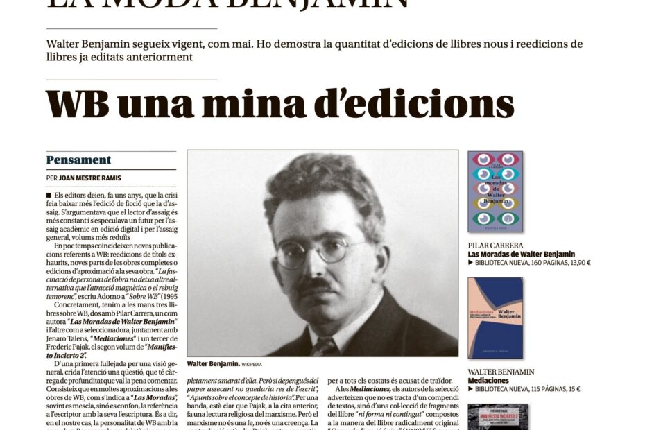 Página del suplemento Bellver de Diario de Mallorca del 25 de enero de 2018 con el artículo «La moda Benjamin. WB una mina d’edicions», de Joan Mestre Ramis, sobre tres libros de Walter Benjamin