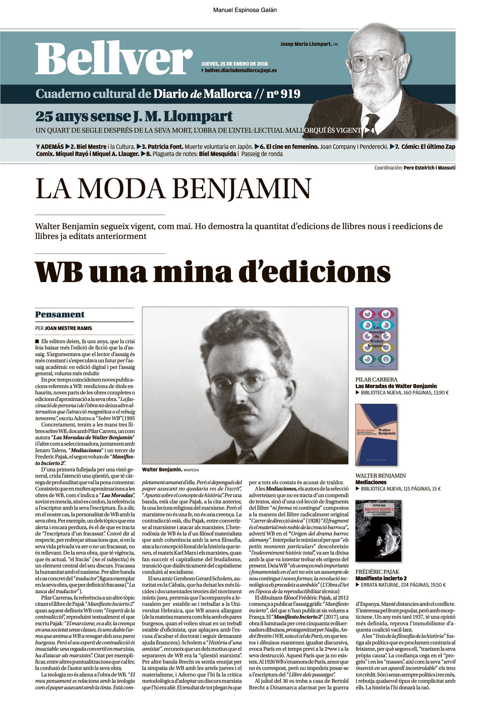 Página del suplemento Bellver de Diario de Mallorca del 25 de enero de 2018 con el artículo «La moda Benjamin. WB una mina d’edicions», de Joan Mestre Ramis, sobre tres libros de Walter Benjamin
