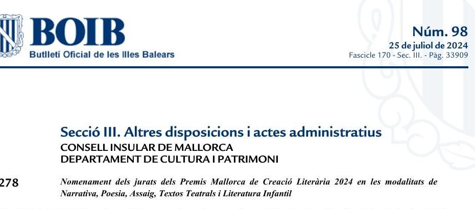 BOIB núm. 98 de 2024: nombramiento de los jurados de los Premis Mallorca de Creació Literària