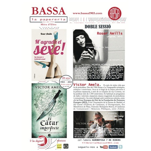 Cartel de la «Doble sessió» en Bassa la papereria de Móra d’Ebre: presentación de M’agrada el sexe! de Roser Amills y El càtar imperfecte de Víctor Amela, 14 de junio de 2013