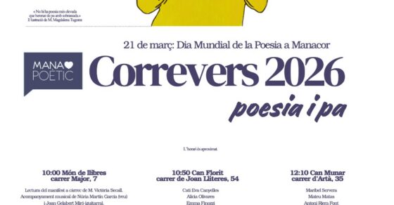 Cartell del Correvers 2026 «Poesia i pa», de Manacor Poètic, amb il·lustració de M. Magdalena Tugores (21 de març de 2026)