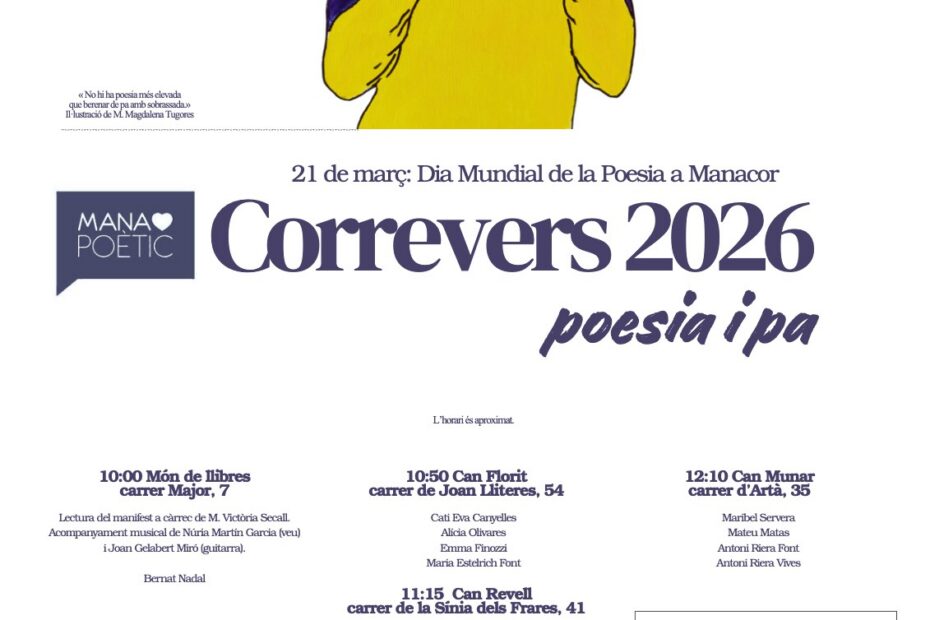 Cartell del Correvers 2026 «Poesia i pa», de Manacor Poètic, amb il·lustració de M. Magdalena Tugores (21 de març de 2026)