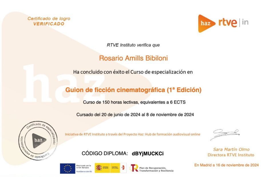 Certificado de RTVE Instituto del curso de especialización «Guion de ficción cinematográfica» cursado por Roser Amills en 2024