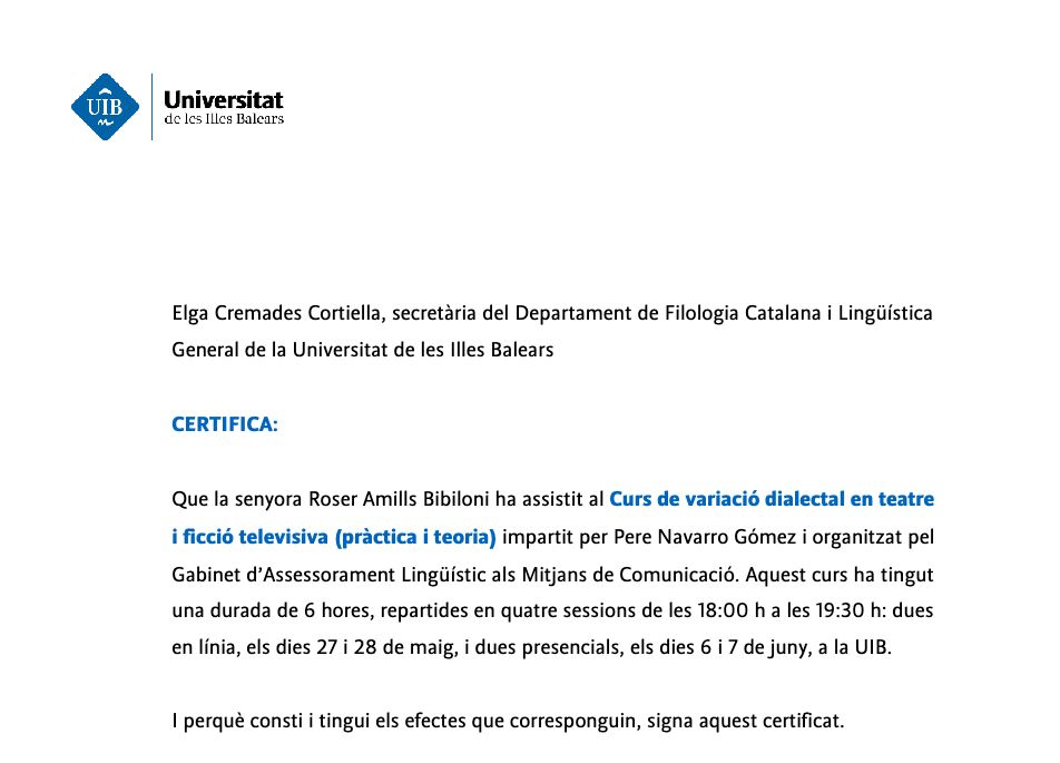 Certificado de la UIB del curso de variación dialectal en teatro y ficción televisiva del GALMIC (2024)