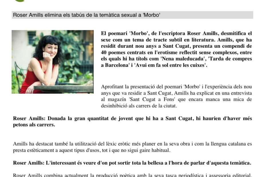 Notícia del Diari de Sant Cugat (3 de febrer de 2011): Roser Amills elimina els tabús de la temàtica sexual a Morbo