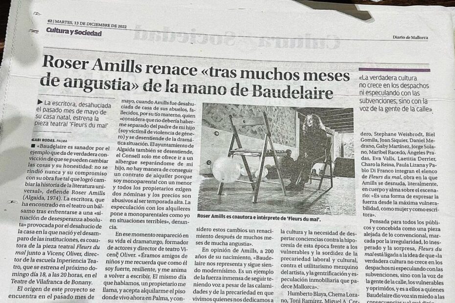 Diario de Mallorca: «Roser Amills renace tras muchos meses de angustia de la mano de Baudelaire»